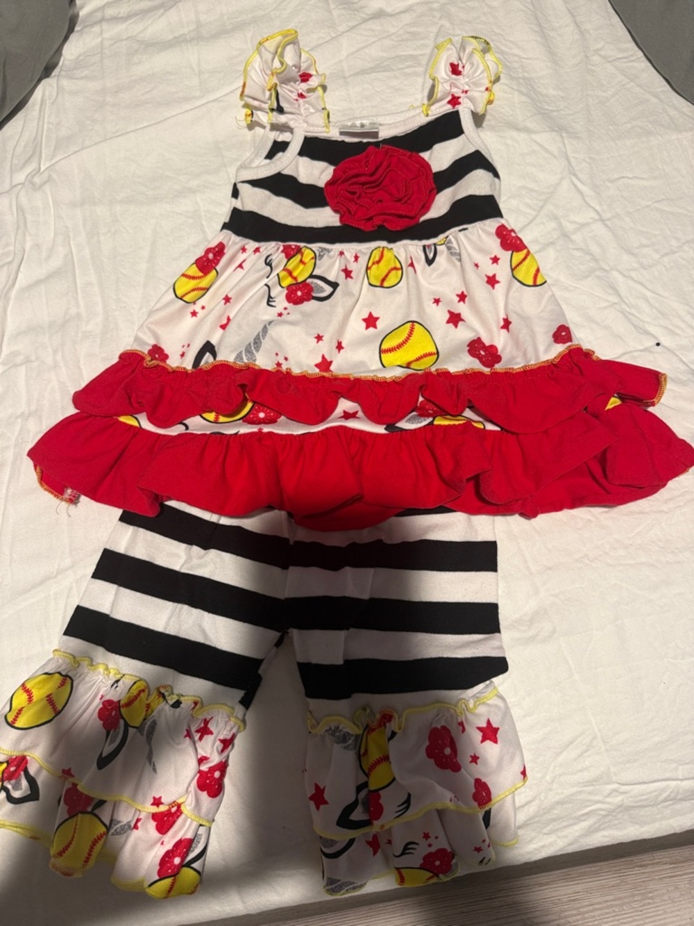 Girls Black & White Stripe Softball Ruffle Set with Red Accents